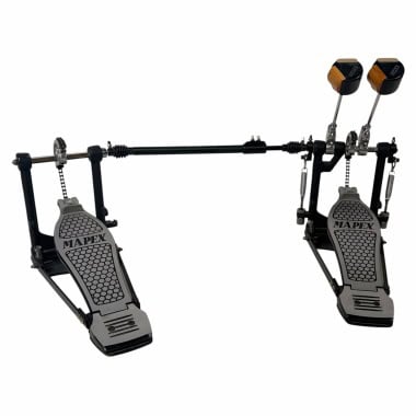 Mapex double bass pedal with adjustable footboards and beaters for drumming.