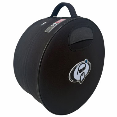 Black snare drum case with handle and logo for drum protection.