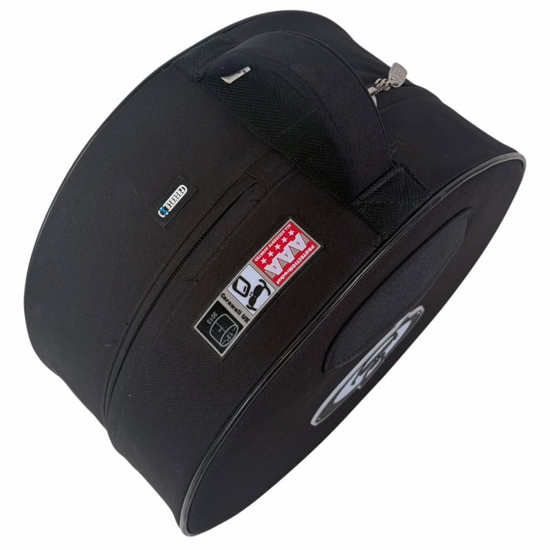 Black snare drum case with handle and protective padding for drums.