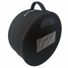 Black round snare drum case with handle and transparent pocket for accessories.