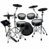 Electronic drum kit with multiple pads and cymbals for drumming practice.