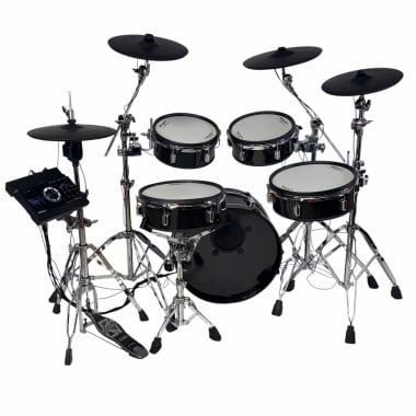 Electronic drum kit with multiple pads and cymbals for drumming practice.