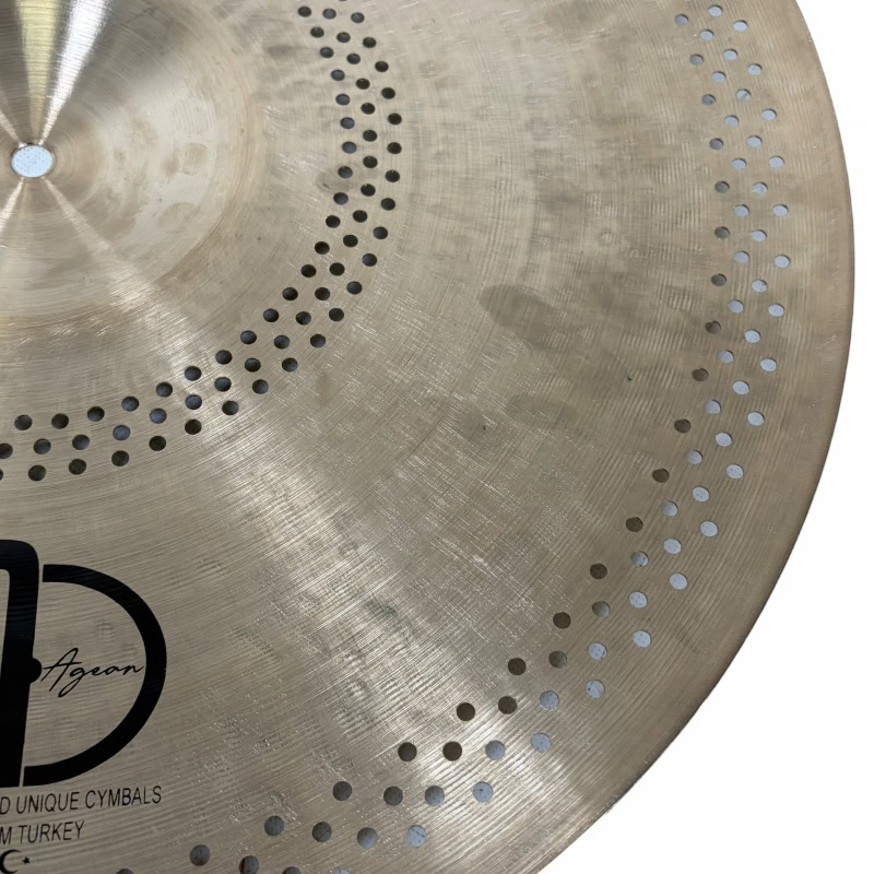 Close-up of Agean Hush Hush 20in Ride cymbal with perforations.