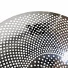 Close-up of UFO Low Volume Cymbal with perforated surface and logo.