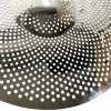 Close-up of perforated metal drum hi-hat cymbal with WHD logo.