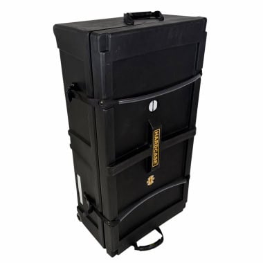 Durable black hardware case with wheels for drum equipment transport.
