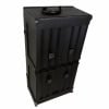 Black hardware case with wheels for drum equipment transport.