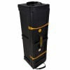 Durable black hardware case with wheels and yellow straps for drum equipment.