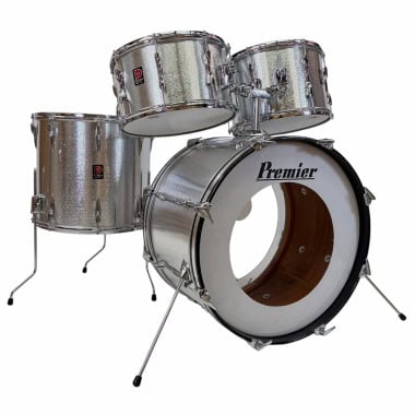 Drummers Only Premier 9-piece double bass drum kit with silver finish.