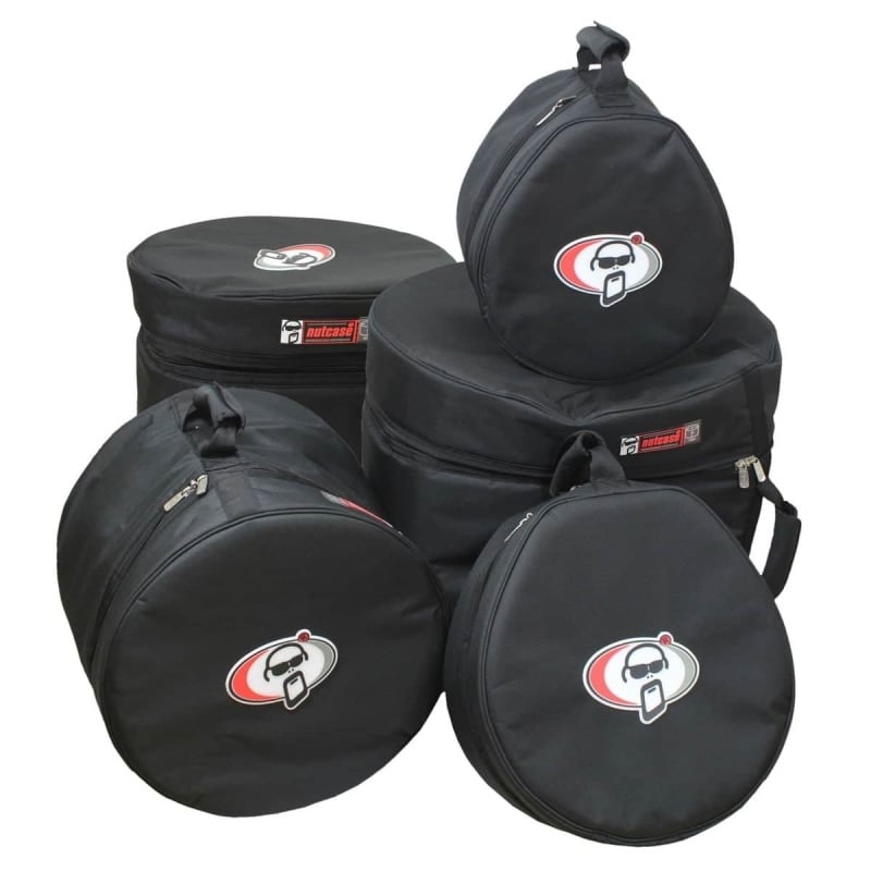Set of five black drum bags with logo for drum gear storage.