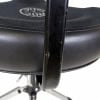 Close-up of Roc N Soc black saddle drum throne with backrest and base.