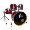 Red Gretsch drum kit with bass drum, toms, and cymbal stand.