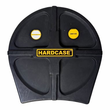 Black drum snare case with Hardcase logo and yellow labels for drum protection.
