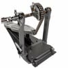 Double bass drum pedal with chain drive and metal construction.