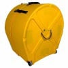 Yellow 22-inch bass drum case with wheels and handle for transport.