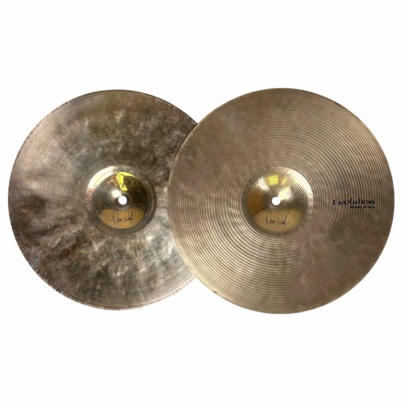Pair of Sabian HHX 14in Evolution Hi-hat Cymbals for drumming.