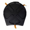 Black 14-inch snare drum case with orange straps for protection.