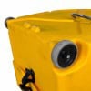 Yellow 22-inch bass drum case with wheels and handle for transport.