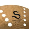Close-up of Zildjian S Series 16in Trash Crash cymbal with logo and holes.