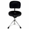 Black saddle drum throne with adjustable chrome stand and backrest.