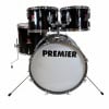 Black drum kit with Premier logo, perfect for drummers and performances.