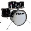 Black drum kit with Premier logo, perfect for drummers and music enthusiasts.