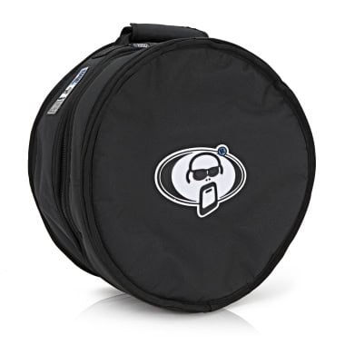 Black snare drum case with logo for protection and transport.