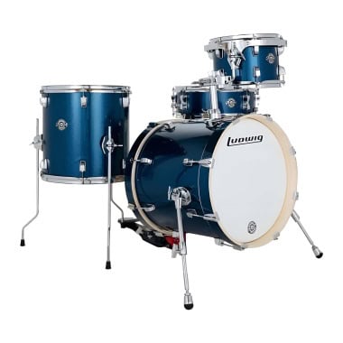 Blue Ludwig drum set with bass, toms, and snare for drummers and percussionists.
