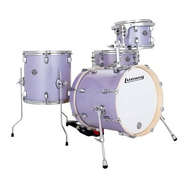 Ludwig drum set in pastel purple with hardware and cymbals.