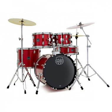 Red Mapex Comet 20-inch drum kit with cymbals and stands for drumming.
