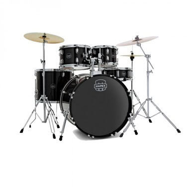 Mapex Comet 20-inch drum kit with ride cymbal and stand in black finish.