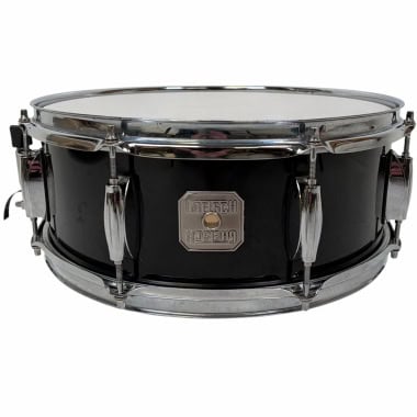 Black vintage Gretsch 14x5.5 inch snare drum with chrome hardware.