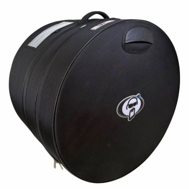 Black bass drum case with Protection Racket logo for drummers.