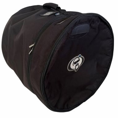 Black bass drum case with logo for drum protection and transport.