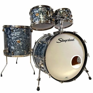 Black Diamond Pearl Slingerland Radio King drum set with bass drum, toms, and snare.