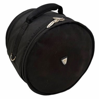 Black drum tom bag with handle and zipper for drum accessories.