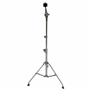 Vintage straight cymbal stand on a white background for drumming equipment.