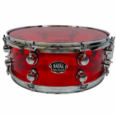 Red Natal Arcadia snare drum with chrome hardware and logo.