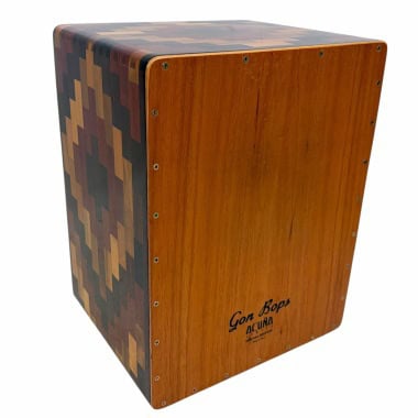 Gon Bop Alex Acuna Signature Cajon with wooden finish and pixelated side design.