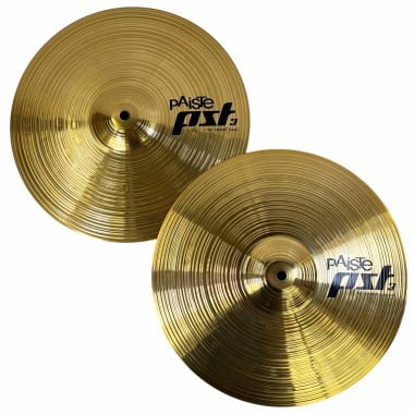 Pair of Paiste PST3 14-inch hi hat cymbals in gold finish.