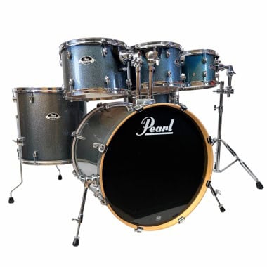 Pearl Export 6-piece drum set with blue finish and chrome hardware.