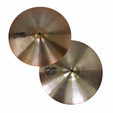 Pair of Paiste Giant Beat 15-inch hi-hat cymbals for drumming.