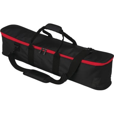 Black drum stick bag with red zipper and adjustable strap for drummers.