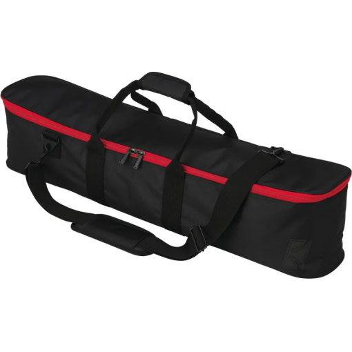 Black drum stick bag with red zipper and adjustable strap for drummers.
