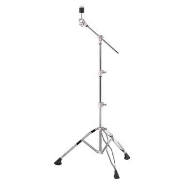 Single braced cymbal stand with adjustable height and boom arm for drumming.