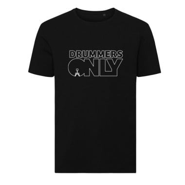 Black T-shirt with 'Drummers Only' outline design for drummers.