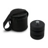 Tripod weight bag with three weights and carrying case for drumming equipment.