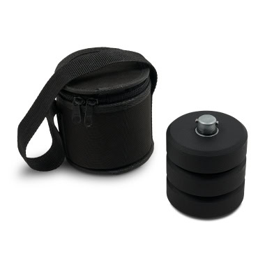 Tripod weight bag with three weights and carrying case for drumming equipment.