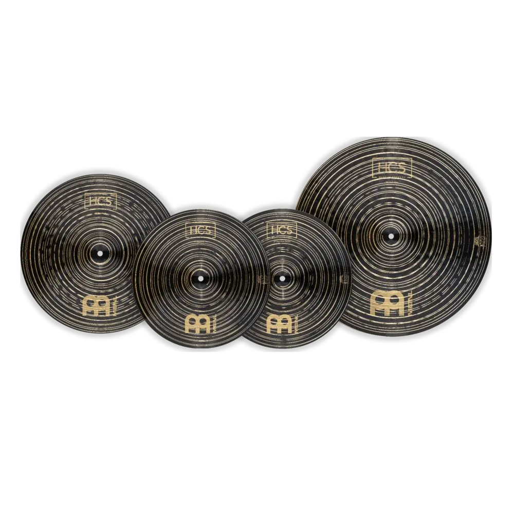 HCS Dark cymbals from Meinl 3 piece set on a black background.