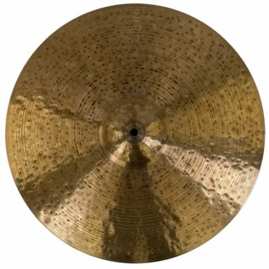 Golden 18-inch crash cymbal with detailed surface texture for drumming.